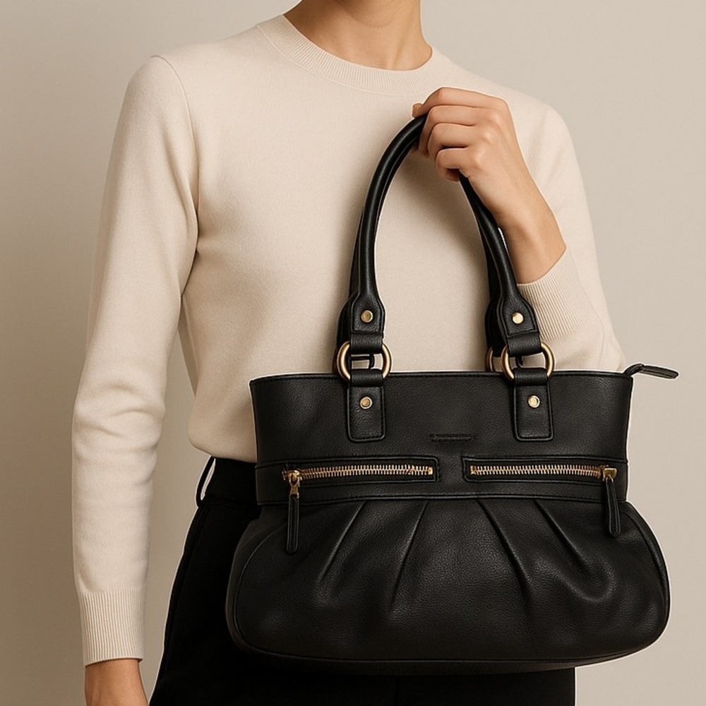 Nannini Italy Black Genuine Leather Satchel Tote Bag Gold Hardware Romania‎